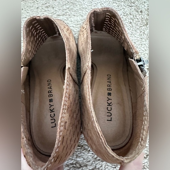 Lucky Brand Tan Wedge Ankle Boots with Peep Toe and Side Zipper - Picture 6 of 8